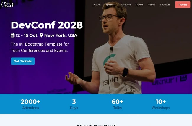 text, devconf event template for landing page using html and css