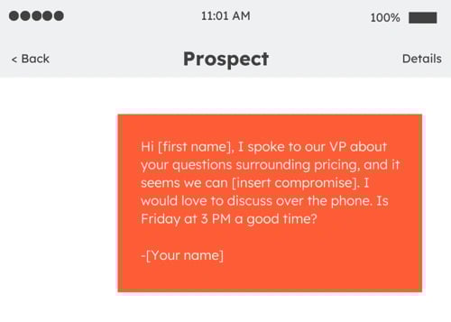 sales text message example: objection handling