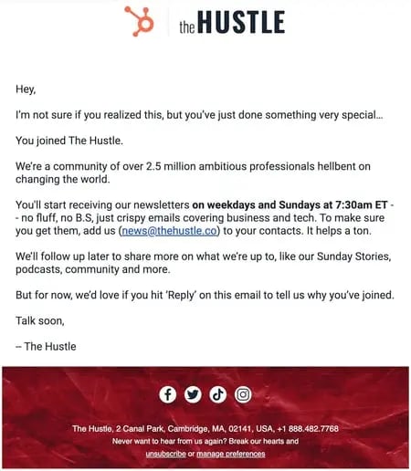 Thank you letter for customers, example from 51Թ's The Hustle newsletter.