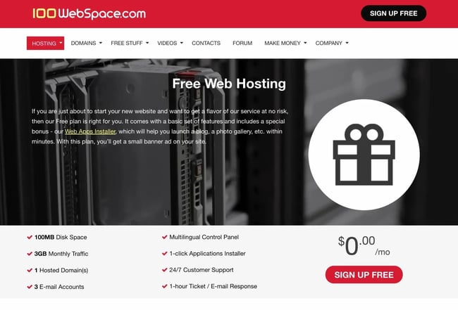 the 100 webspace free web hosting page