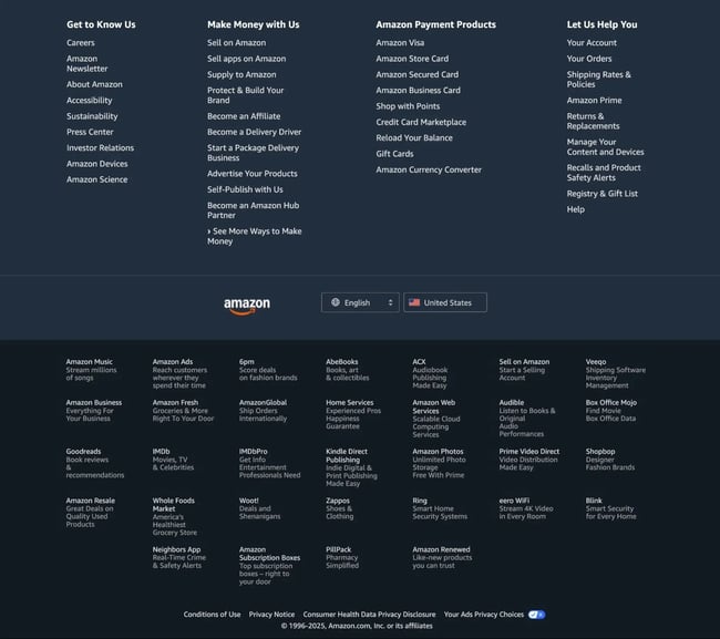 the amazon website footer has two different sections