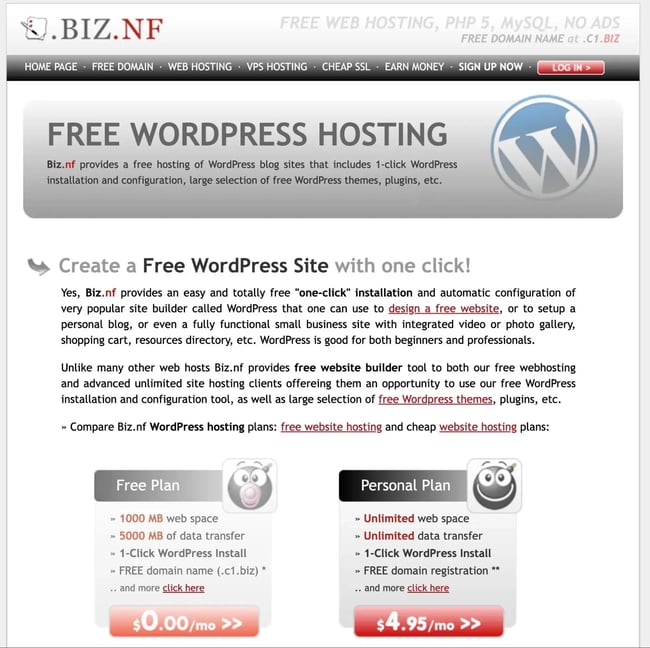 the biz.nf free wordpress hosting page
