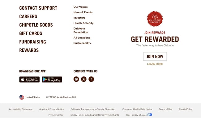 the chipotle website footer includes a few different elements