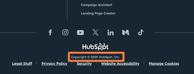 the copyright notice in the hubspot website footer