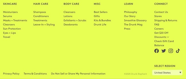 the drunk elephant website footer uses bold colors