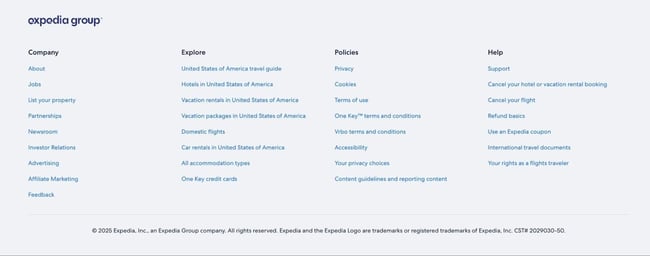the expedia website footer includes a variety of internal links