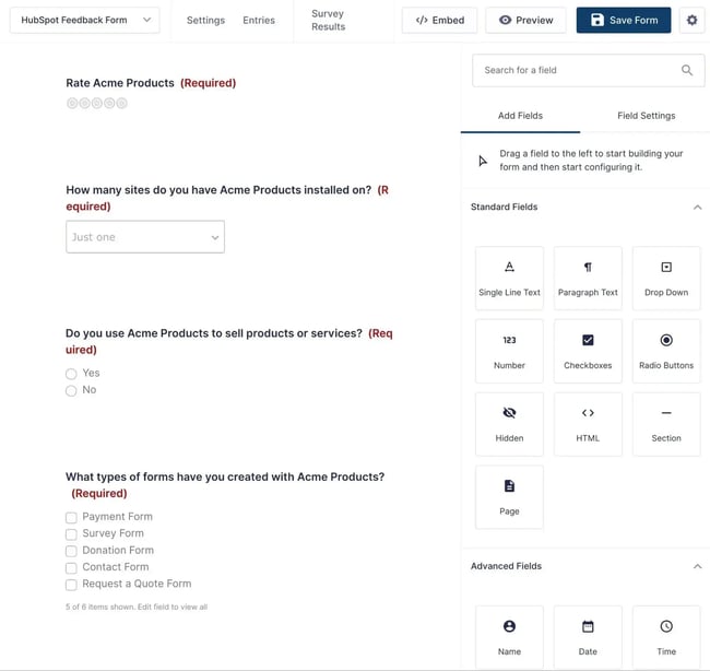 the gravity forms feedback form builder interface