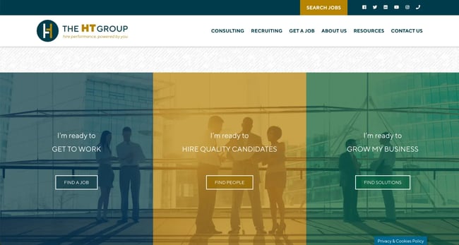 the ht group recruitment website design with a three-panel hero routing job seekers, employers, and businesses