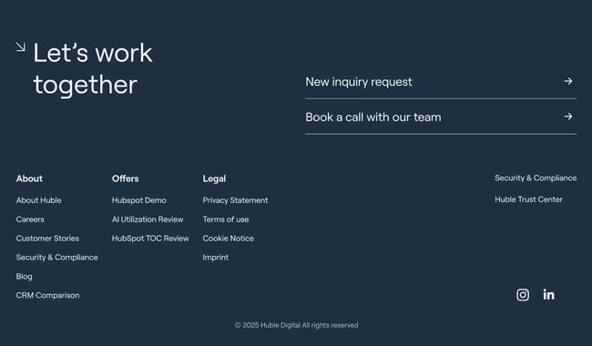 the huble website footer has two ctas and relevant internal links