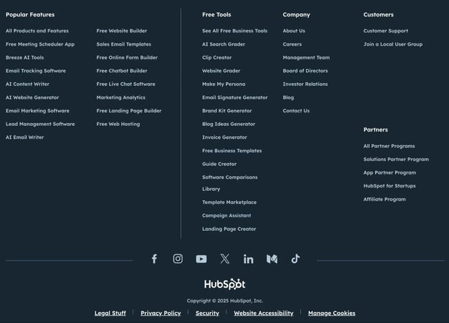 the hubspot website footer includes lots of internal links