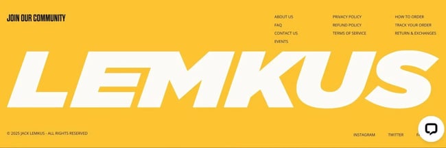 the lemkus website footer uses a bold yellow color and a big logo