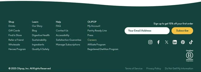 the olipop website footer combines internal links with an email opt-in form