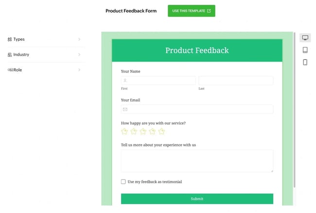 the product feedback template from zoho forms