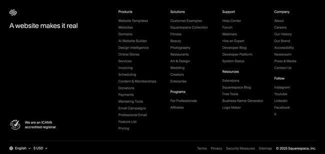 the squarespace footer includes lots of internal links