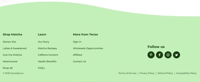 the tenzo website footer helps visitors access important links