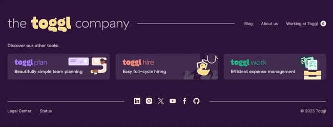 the toggl website footer does a great job of bringing in colors and icons