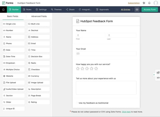 the zoho forms feedback form builder