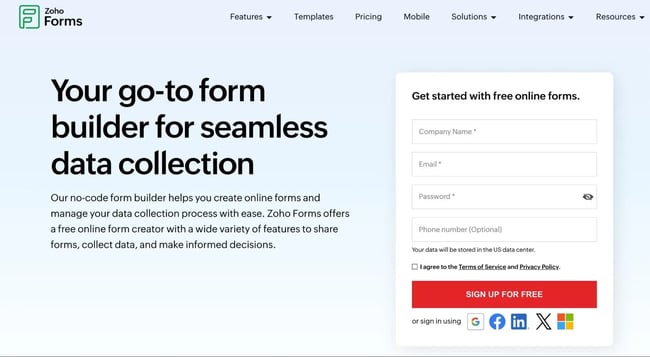 the zoho forms homepage