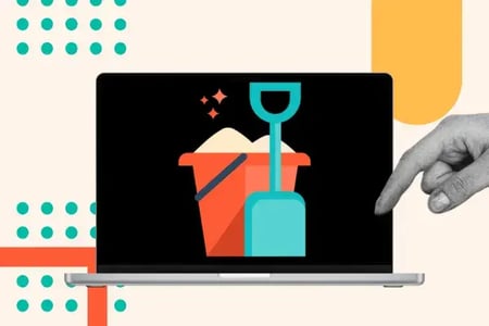 Illustration of a laptop with sand toys on it.