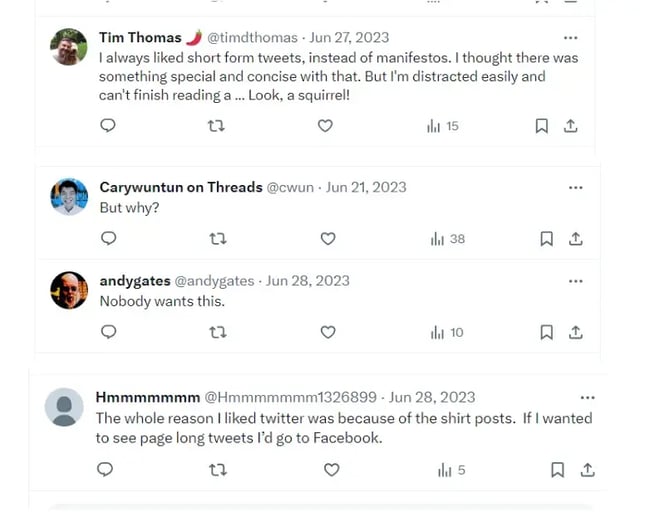 Users comments about longer posts on X