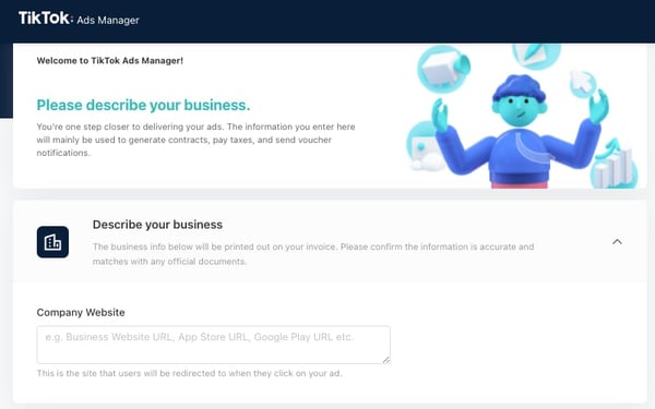 como configurar sua conta de anúncios no tiktok passo 2