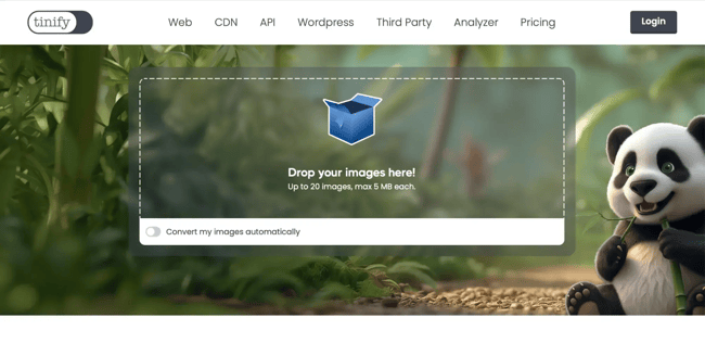 website speed optimization: tinypng image compression tool with drag-and-drop upload interface and automatic conversion toggle