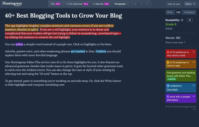 tools for bloggers, hemingway