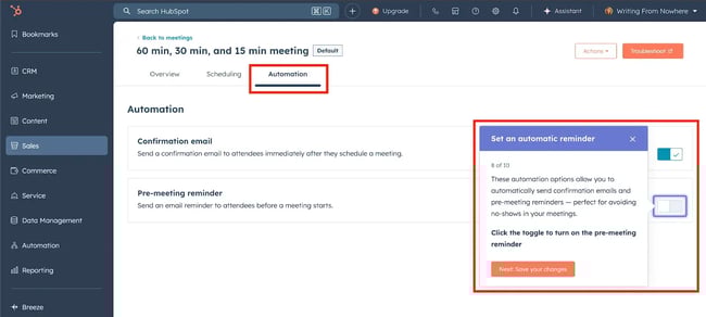 tools for international meetings, HubSpot Meeting Scheduler automated reminder settings