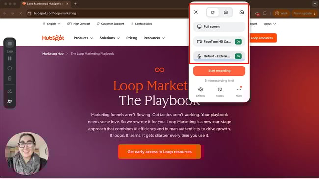 tools for international meetings, Screenshot of Loom in use recording screen, video, and audio