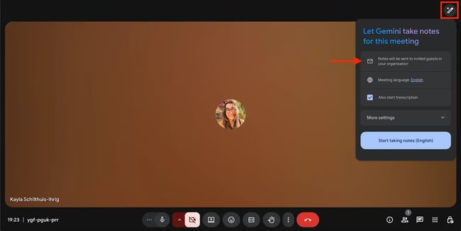 tools for international meetings, Screenshot of how to start automatic note-taking in Google Meet