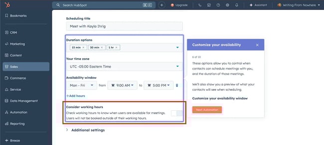 tools for international meetings, Time zone and working hours considerations within HubSpots free meeting scheduler