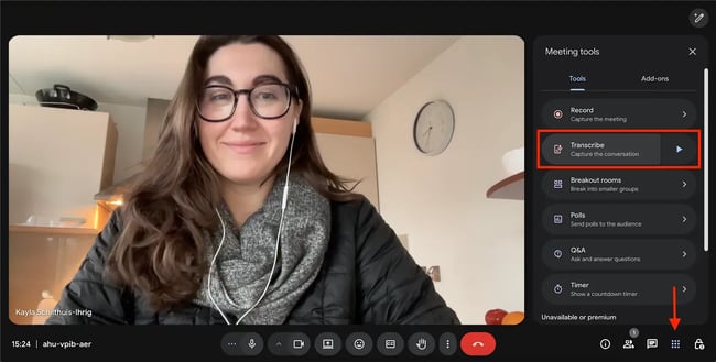 tools for international meetings, screenshot of google meet transcription settings