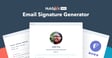 An email signature generator interface featuring a user profile for Julie Wu, a Customer Interactions Specialist, with a circular photo and contact details alongside designed templates for different users.