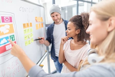 Two women and one man look at sticky notes on a whiteboard