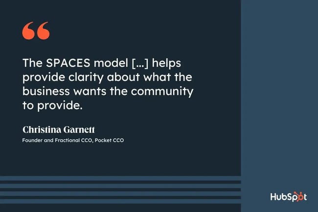 types of community management, quote from Christina Garnett, founder and fractional CCO at Pocket CCO, the SPACES model  helps provide clarity about what the business wants the community to provide