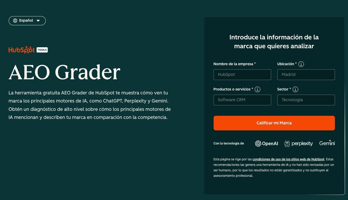 AI Search Grader de HubSpot: pantalla de resultados con score de visibilidad de marca en cinco dimensiones