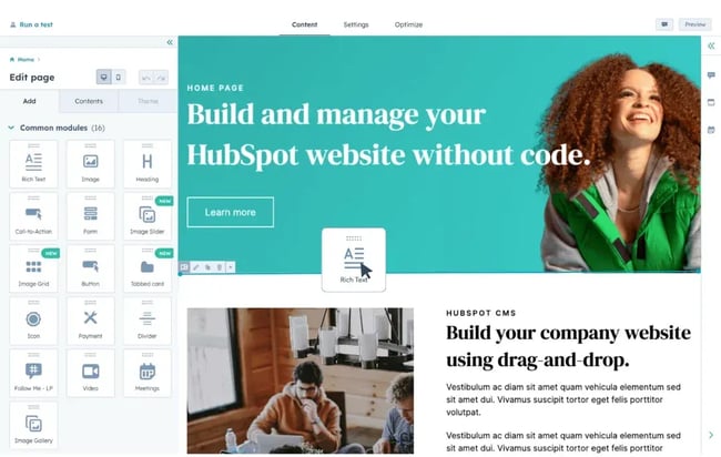 unified cms, hubspot cms drag and drop