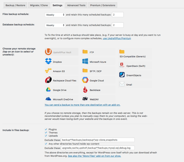 wordpress files automated backup schedule and destination storage platform selection page demo