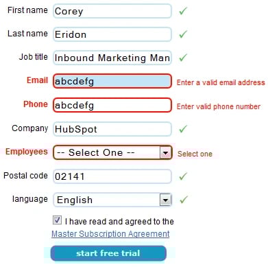 incorrect form fields