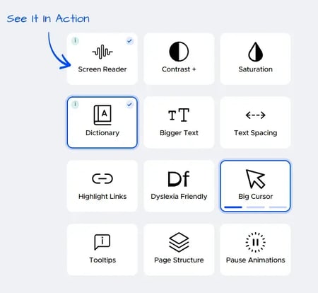 userway accessibility settings for motor, vision, and dyslexia-related preferences
