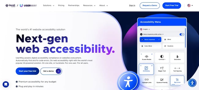 userway landing page for an ai for web accessibility tool