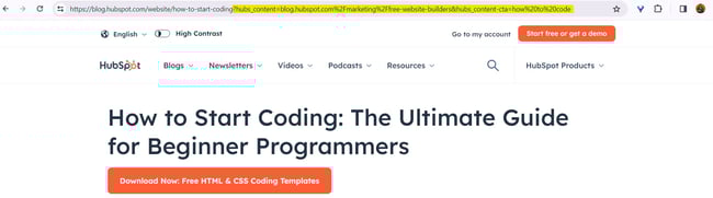 what is UTM, Hubspot blog URL with a UTM code