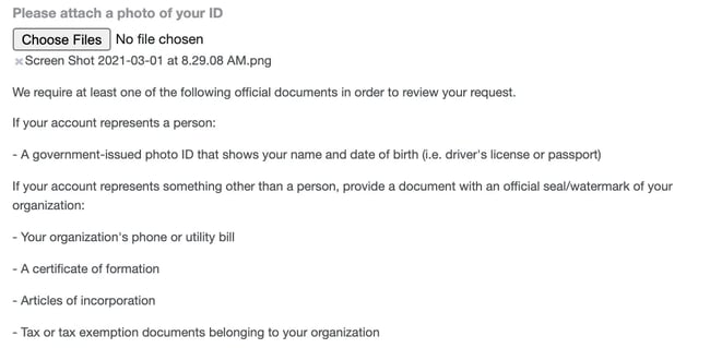 the section of the form that asks you to attach a document verifying your business