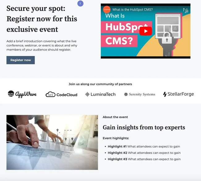 video landing page template, hubspot