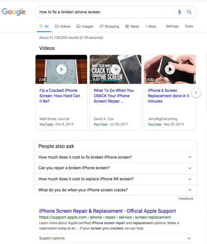 iPhone画面の修理方法の検索結果を示す動画のカルーセル、SERP機能、リッチスニペット