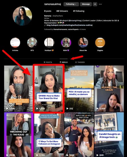 screenshot showing how a video longer than 90 seconds appears in a profile grid, but also the reels tab.