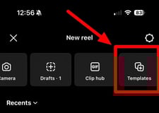 screenshot showing where to access video templates within the instagram app.