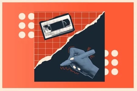 video tape icon adjacent to a hand with a pen in it 