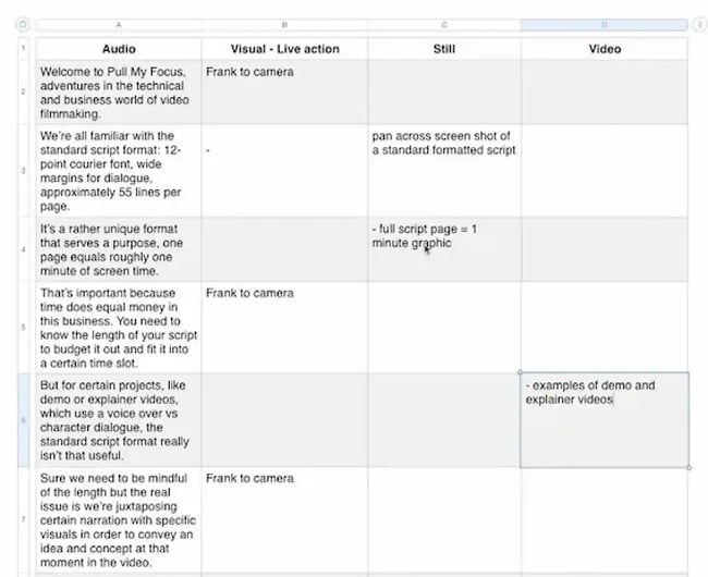 four column video script example