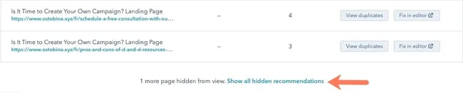 view showing how to hide and unhide seo recommendations in hubspot